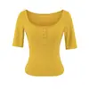 Camiseta cuadrada de manga media con estilo picante estilo americano para mujer, entallada en la cintura, adelgazante, favorecedora para figuras petite, top casual versátil con botones