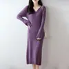 Vestido de punto de lana pura con cuello en V y manga larga, vestido largo de otoño e invierno con manga acampanada por encima de la rodilla, vestido suéter ajustado bodycon