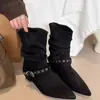 Zapatos para Mujer 2026 Nuevos Retro Nicho Hebilla Occidental Punta Fina Tacón Apilado Arrugado Mezclilla Otoño Botas Martin Botines