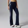 Calça de yoga listrada europeia e americana de cintura alta para cross-border, calça fitness para corrida esportiva com levantamento de bumbum de pêssego, calça flare com sensação de pele nua