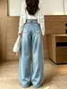Chao Li tiene stock, doble largo de pantalón, bordado retro americano, jeans de pierna ancha de cintura alta, para mujer, holgados, adelgazantes, rectos, pantalones cimitarra