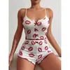 Amazon Aliexpress Transfronteiriço Europeu e Americano Estampado em Forma de Coração Cor Contrastante Roupa de Casa Fenda Frontal Conjunto de Vestido Pijama de Alça