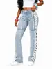 Jeans de mezclilla para mujer, estilo Y2K americano, ajustados, con tiras, alta elasticidad, cintura alta, pierna recta ajustada, pantalones largos, procesamiento y personalización