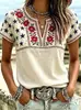 Top estampado de manga corta con cuello en V transfronterizo 2026 nuevo estilo de verano europeo y americano, imitación lino, holgado, casual, disponible para dropshipping