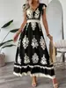 2026 Europeu e Americano Amazon Aliexpress Novo Estilo Moda Verão Estampado Decote V Ajuste na Cintura Vestido Longo Roupa Feminina
