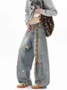 Jeans com Cinto Xadrez Masculino Reto Solto Wide-Leg American High Street Calças Tendência Versátil Design de Bordado em Toalha