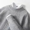 Novidades Outono/Inverno 2026 Suéter Masculino de Lã 100% com Gola Redonda Espessado de Fio Duplo, Malha Trançada Casual Solta, Caxemira