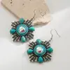 Ganchos de Orelha Europeus e Americanos Exagerados He Ming, Brincos e Brincos Assimétricos Personalizados com Padrão Retrô, Incrustados com Diamantes e Recortes de Turquesa