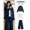 Chamarra con capucha azul marino para mujer, nuevo estilo 2026, conjunto deportivo casual para principios de otoño, atuendo estilo coreano para principios de otoño