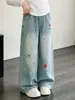 Nova coleção de outono: Calça jeans larga bordada em estilo cartoon para meninas, de corte solto, fluida e comprida, um estilo casual e moderno para crianças mais velhas