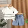 Ropa infantil 2025 para niños y niñas, camisa POLO de rayas con solapa, traje infantil a juego de colores, verano, guapo, manga corta, dos piezas, venta al por mayor