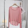 Camiseta de Modal Macio Feminina para Verão, Solta, Gola Redonda, Manga Longa Fina, Curta na Frente e Longa Atrás, Roupa de Dança Top