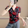 Top Floral Retro para Mujer, Nuevo Estilo de Verano, Camiseta Sexy de Malla con Cuello en V Plisado y Mangas Cortas, Elegante y Rejuvenecedor