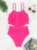 Maiô Europeu e Americano Estampado Separado Feminino com Babado Cintura Alta Cobrindo a Barriga Biquíni de Duas Peças Roupa de Banho para Férias na Praia