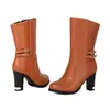 Botas de moda novas para 2026, de cano médio, transfronteiriças, com fivela de cinto, bico redondo, salto grosso, botas femininas de salto alto, botas de cano médio, tamanhos grandes, para AliExpress