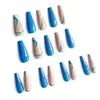 Manicure Artística Popular Europeia e Americana com Curva Azul e Marrom, Unhas Vestíveis de Estilo de Moda Personalizado, 24 Peças de Adesivos de Unhas Postiças