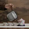 Conjunto de Chá Cerâmico de Viagem com Flores de Cerejeira Pintadas à Mão, Uma Bule e Três Xícaras, Conjunto de Chá Kung Fu Portátil para Exterior