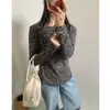 Camiseta de Manga Larga con Estampado de Leopardo para Mujer 2025 Nueva Colección Primavera y Otoño Camiseta para Usar por Debajo Moda Elegante Ajustada