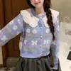 Suéter de punto suave y glutinoso de manga larga, estilo suave, diseño de costuras de encaje con cuello de muñeca, top corto, cárdigan de punto para mujer, primavera y otoño
