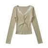 Estilo Coreano Estilo Menina Renda Estilo Ocidental Top Feminino Estilo Desejo Puro Sexy Vazado Elegante Figura Manga Longa Camiseta