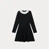 Inverno 2024 Novo Algodão Lã Alta Qualidade Vestido Preto Meninas Manga Longa Vestido Tricotado Infantil Gola Lotus Branco Saia