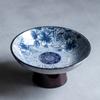 Prato de frutas cerâmico estilo chinês prato de lanches de pé alto prato de servir azul e branco prato de lanches de pé alto prato de lanches Zen de mesa