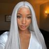 Peluca frontal de encaje de AliExpress, estilo europeo y americano, para mujer, cabello largo y liso, gris plateado, con cubierta superior de fibra química.