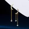 Brincos de Franja Assimétricos em Forma de Lua Cravejados com Diamantes Estilo Coreano Ailuoqi S925 Prata Brincos Simples Elegantes para Mulheres M02525