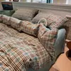 Juego de Ropa de Cama Minimalista a Cuadros de Algodón Puro Juego de Cuatro Piezas Engrosado para Dormir sin Ropa de Cama Sábana Bajera de Algodón Funda Nórdica Juego de Tres Piezas para Dormitorio