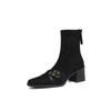 Lindas com um Casaco~ Botas Slim de Camurça Outono/Inverno 2025 Salto Alto Bloco Tira Cruzada Fivela Bico Quadrado Botas Elásticas para Tornozelo Femininas