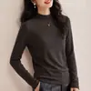 Nuevo Modelo Otoño 2026 Camiseta de Manga Larga para Mujer con Mezcla de Lana, Color Sólido, Cálida, Suave, Top de Punto con Cuello Semi Alto