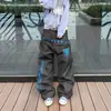 Calça Jeans Masculina e Feminina Listrada Lavada Transfronteiriça Reta Solta Cintura Elástica Perna Larga Marca Tendência Retro Americano Comprimento Total