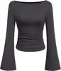 Camiseta Sexy de Color Puro con Escote Barco y Mangas de Campana para Mujer, Estilo Europeo y Americano, Otoño 2025, Corte Ajustado, Fruncido para un Aspecto Adelgazante, Manga Larga