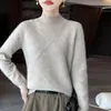 Outono/Inverno Novo Tricô Listrado 100% Lã Gola Redonda Meia-Alta Diagonal Espessado Cor Sólida Solto Moda Camada Base