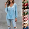 Moda europea y americana transfronteriza: Nueva colección de otoño 2026 de ropa para mujer - Top/camisa de manga larga, cuello en V, con ribete de encaje, de terciopelo, casual, corte holgado