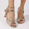 Zapatos de Tacón Alto con Lentejuelas de Comercio Exterior para Mujer, Nuevos Modelos de Verano Transfronterizos, Tallas Grandes, Tacones Finos, Estilo Europeo y Americano, Sandalias con Aberturas y Punta Abierta, Al por Mayor en Stock