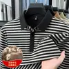 Camisa polo de manga larga para hombre para otoño e invierno [lana + seda de morera], de alta calidad, cálida, cepillada, a rayas y con cuello camisero