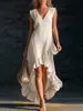 2026 Europeu e Americano transfronteiriço Amazon nova moda romântico sem mangas decote V bainha com babados algodão-linho vestido longo