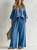 Conjunto de Dos Piezas para Mujer de Estilo Bohemio Nuevo con Ribete de Encaje y Cuello en V, con Pantalones de Pierna Ancha - Comercio Exterior Transfronterizo Europeo y Americano