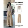 Pantalones casuales de pierna ancha color caqui y top de encaje con cuello en V para mujer, diseño estilo coreano, moda intelectual de nicho y discreta