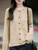 Nuevo Cardigan de Punto para Otoño/Invierno 2026, Hilo de Algodón Puro, Borde Enrollado, Cuello Redondo, Manga Larga, Color Sólido para Mujer, Hueco, Top Holgado