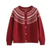 Cardigã de Tricô com Gola Redonda Estilo Fair Isle para Mulheres 2025 Primavera & Outono Novo Estilo Solto Preguiçoso Top Outer Casaco Suéter Tendência