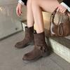 Botas de Piel Genuina de 5 cm a Media Pantorrilla para Mujer, Estilo Británico Retro, Botas de Pelo Marrones de Suela Gruesa, Botas Ajustadas, Botas Cortas para Personas Bajas