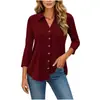 2016 Europeu e Americano Transfronteiriço Amazon Novo Estilo Fashionável Feminino Gola V Manga Longa Casual Cor Lisa Camisa com Botão 9 Cores 5 Tamanhos
