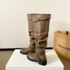 Botas Retro Arrugadas Apiladas para Mujer, Versión de Piel de Vaca, Botas Largas Hasta la Rodilla para Pantorrilla Ancha, Adelgazantes, Versátiles, Tacón Grueso, Botas de Caballero de Caña Alta