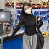 Camiseta de manga larga con cuello semi-alto de terciopelo acanalado cálida ajustada de temperamento para mujer, camiseta básica de otoño e invierno al por mayor transfronteriza