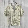 Patrón Verano Delgado Transfronterizo Estampado Digital Cuello en V para Hombre Pulóver de 3 Botones Casual Lino Polo
