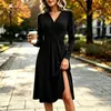 2026 Europeu e Americano Transfronteiriço Novo Estilo Cor Sólida Decote V Cintura Dobra Cruzada Manga Longa Comprimento Midi Vestido Longo Roupas Femininas