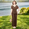 Conjunto de moda de manga corta para madres, ropa para mujeres de mediana edad de 45 años, regalo del Día de la Madre, conjunto de dos piezas de pantalones rectos que cubren el abdomen para mujeres