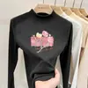 Camisa base de outer wear para meninas em fleece dupla face, nova blusa casual com estampa de desenho animado, camiseta de gola semi-alta, mangas compridas escovadas
